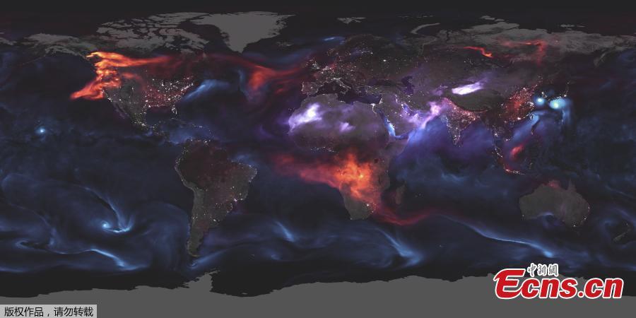 This NASA satellite visualization obtained August 26, 2018, highlights Goddard Earth Observing System Forward Processing (GEOS FP), offering an expansive view of the mishmash of particles that dance and swirl through the atmosphere, of output for aerosols on August 23, 2018.
On that day, huge plumes of smoke drifted over North America and Africa, three different tropical cyclones churned in the Pacific Ocean, and large clouds of dust blew over deserts in Africa and Asia. The storms are visible within giant swirls of sea salt aerosol (blue), which winds loft into the air as part of sea spray. Black carbon particles (red) are among the particles emitted by fires; vehicle and factory emissions are another common source. Particles the model classified as dust are shown in purple. The visualization includes a layer of night light data collected by the day-night band of the Visible Infrared Imaging Radiometer Suite (VIIRS) on Suomi NPP that shows the locations of towns and cities. (Photo/Agencies)