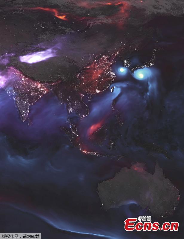 This NASA satellite visualization obtained August 26, 2018, highlights Goddard Earth Observing System Forward Processing (GEOS FP), offering an expansive view of the mishmash of particles that dance and swirl through the atmosphere, of output for aerosols on August 23, 2018.
On that day, huge plumes of smoke drifted over North America and Africa, three different tropical cyclones churned in the Pacific Ocean, and large clouds of dust blew over deserts in Africa and Asia. The storms are visible within giant swirls of sea salt aerosol (blue), which winds loft into the air as part of sea spray. Black carbon particles (red) are among the particles emitted by fires; vehicle and factory emissions are another common source. Particles the model classified as dust are shown in purple. The visualization includes a layer of night light data collected by the day-night band of the Visible Infrared Imaging Radiometer Suite (VIIRS) on Suomi NPP that shows the locations of towns and cities. (Photo/Agencies)