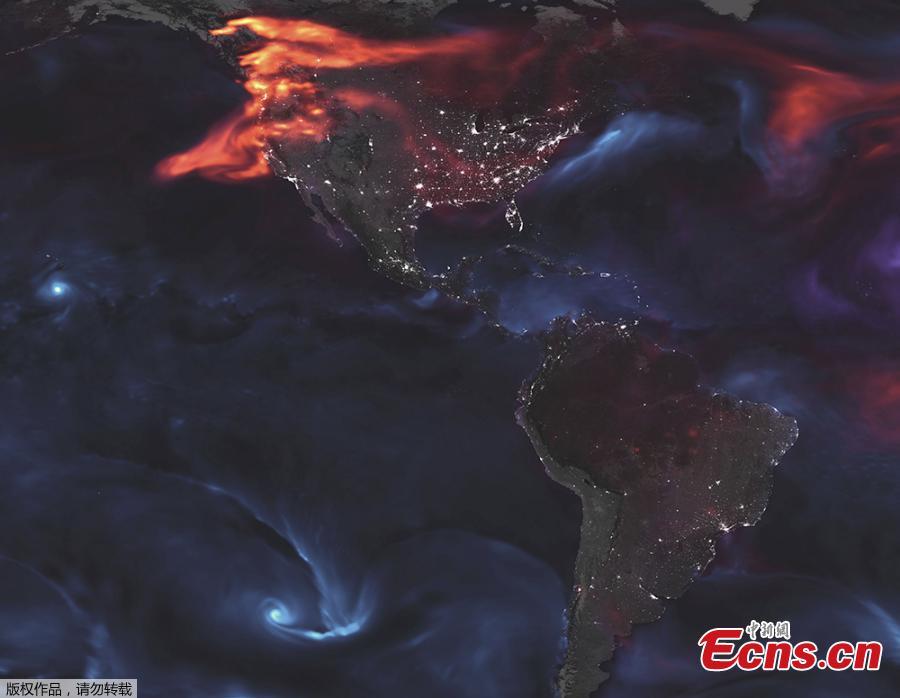 This NASA satellite visualization obtained August 26, 2018, highlights Goddard Earth Observing System Forward Processing (GEOS FP), offering an expansive view of the mishmash of particles that dance and swirl through the atmosphere, of output for aerosols on August 23, 2018.
On that day, huge plumes of smoke drifted over North America and Africa, three different tropical cyclones churned in the Pacific Ocean, and large clouds of dust blew over deserts in Africa and Asia. The storms are visible within giant swirls of sea salt aerosol (blue), which winds loft into the air as part of sea spray. Black carbon particles (red) are among the particles emitted by fires; vehicle and factory emissions are another common source. Particles the model classified as dust are shown in purple. The visualization includes a layer of night light data collected by the day-night band of the Visible Infrared Imaging Radiometer Suite (VIIRS) on Suomi NPP that shows the locations of towns and cities. (Photo/Agencies)