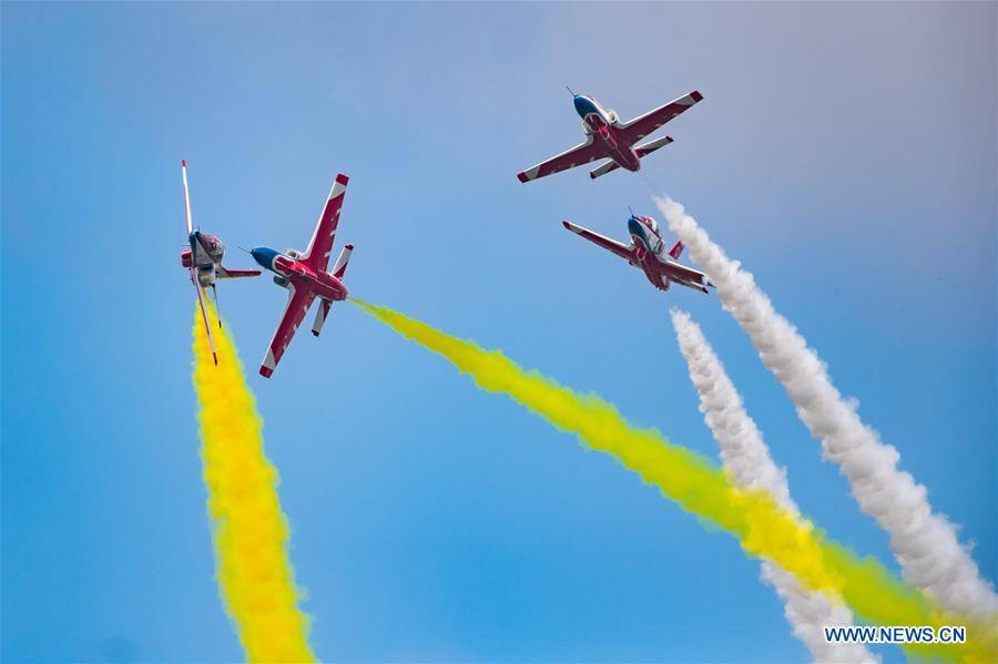 Red Falcon Air Demonstration Team performs during an activity of opening day at the Aviation University of Air Forces in Changchun, capital of northeast China\'s Jilin Province, Aug. 30, 2018. (Xinhua/Yang Pan)