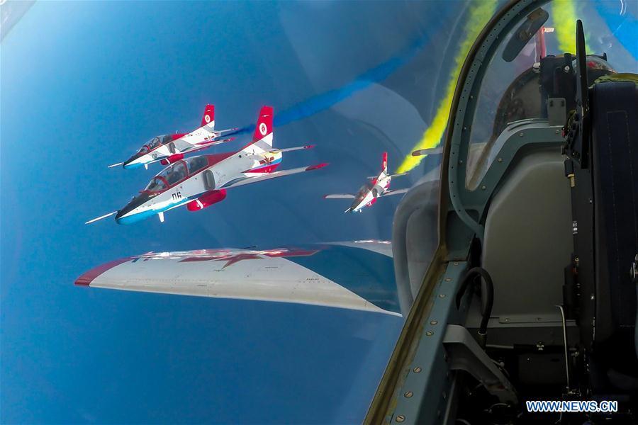Red Falcon Air Demonstration Team performs during an activity of opening day at the Aviation University of Air Forces in Changchun, capital of northeast China\'s Jilin Province, Aug. 30, 2018. (Xinhua/Yang Pan)
