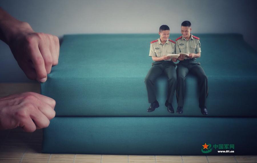 Time to leave the barracks! Soldiers from Chongqing Armed Police Corps took a series of creative photos to honor the memory of their days in the army. Using a photo editor, the soldiers created scenes of them looking back on fond memories. (Photos/81.cn)