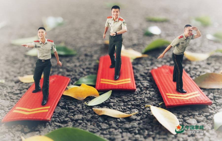 Time to leave the barracks! Soldiers from Chongqing Armed Police Corps took a series of creative photos to honor the memory of their days in the army. Using a photo editor, the soldiers created scenes of them looking back on fond memories. (Photos/81.cn)