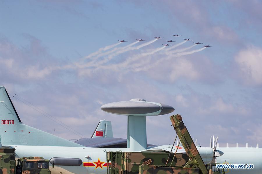 Sky Wing Air Demonstration Team performs during an activity of opening day at the Aviation University of Air Forces in Changchun, capital of northeast China\'s Jilin Province, Aug. 30, 2018. (Xinhua/Yang Pan)