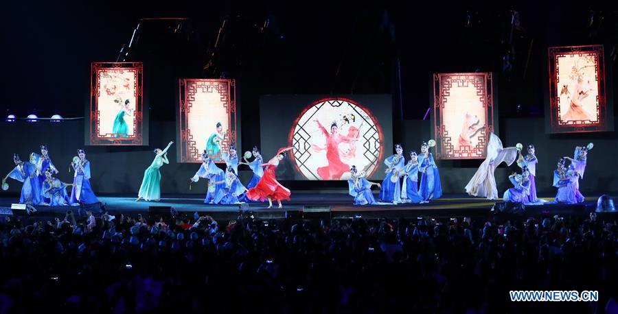 Photo taken on Sept. 2, 2018 shows the Hangzhou 2022 presentation during the closing ceremony of the 18th Asian Games at the Gelora Bung Karno (GBK) Main Stadium in Jakarta, Indonesia.(Xinhua/Lan Hongguang)