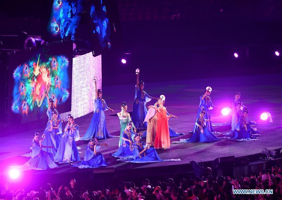 Photo taken on Sept. 2, 2018 shows the Hangzhou 2022 presentation during the closing ceremony of the 18th Asian Games at the Gelora Bung Karno (GBK) Main Stadium in Jakarta, Indonesia.(Xinhua/Pan Yulong)