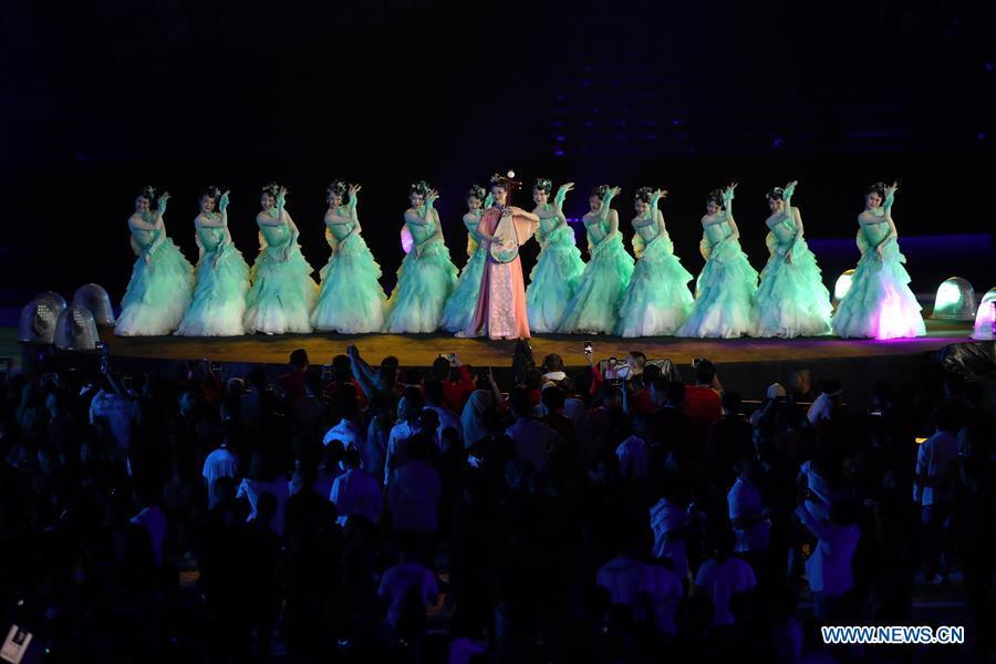 Photo taken on Sept. 2, 2018 shows the Hangzhou 2022 presentation during the closing ceremony of the 18th Asian Games at the Gelora Bung Karno (GBK) Main Stadium in Jakarta, Indonesia.(Xinhua/Ding Ting)