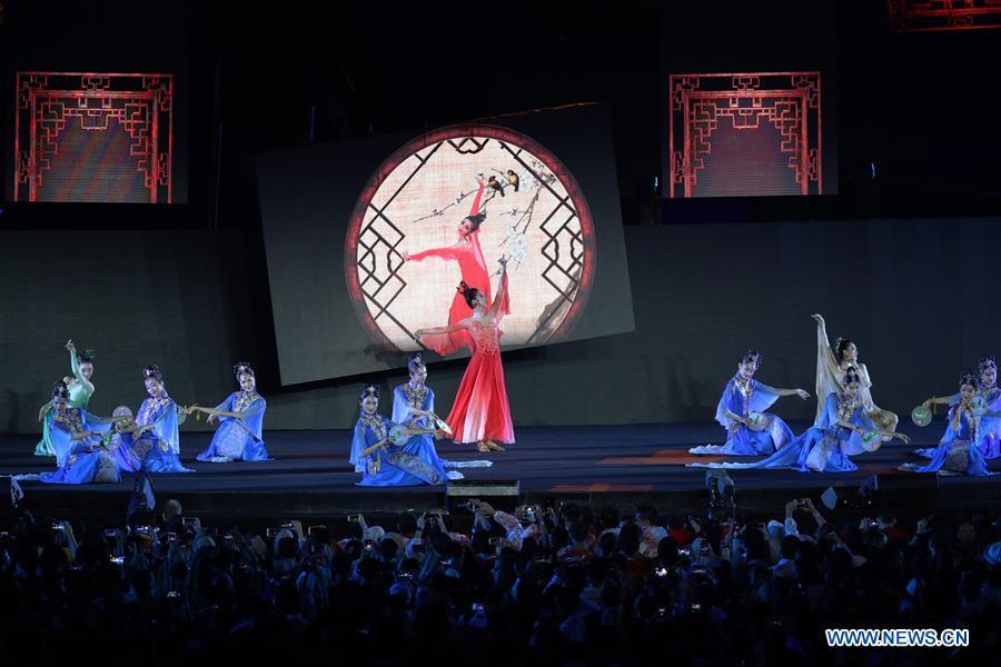 Photo taken on Sept. 2, 2018 shows the Hangzhou 2022 presentation during the closing ceremony of the 18th Asian Games at the Gelora Bung Karno (GBK) Main Stadium in Jakarta, Indonesia.(Xinhua/Ding Ting)