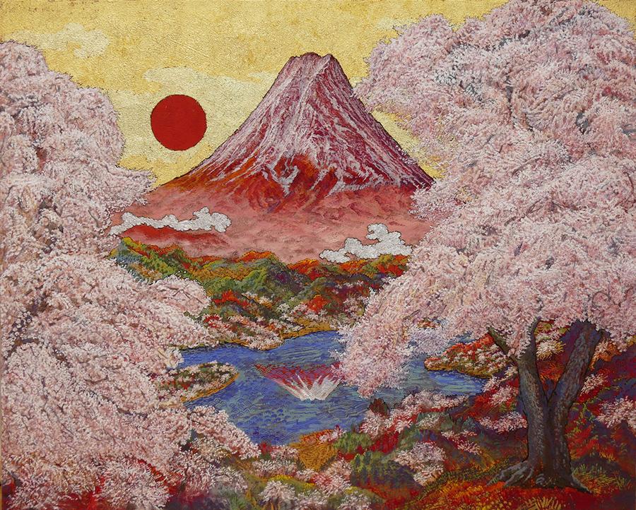 Sun, Moon, Spring, Mount. Fuji above the Lake, 2018. (Photo provided to China Daily)