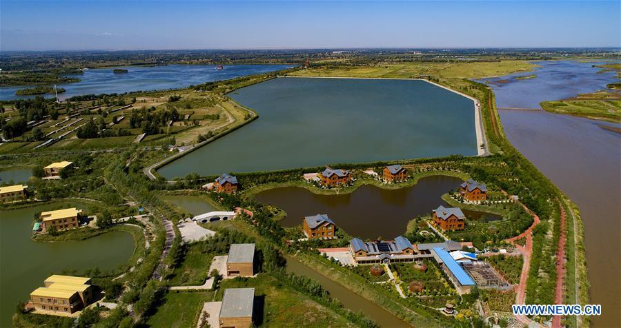 Aerial photo taken on Sept. 7, 2018 shows the scenery of Heihe River wetland in Gaotai County of Zhangye City, northwest China\'s Gansu Province. (Xinhua/Tao Ming)