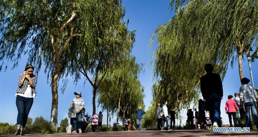 People visit the Heihe River wetland in Gaotai County of Zhangye City, northwest China\'s Gansu Province, Sept. 7, 2018. (Xinhua/Tao Ming)