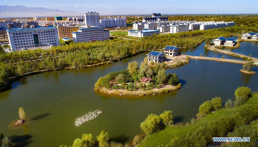 Aerial photo taken on Sept. 7, 2018 shows the scenery of Heihe River wetland in Gaotai County of Zhangye City, northwest China\'s Gansu Province. (Xinhua/Tao Ming)