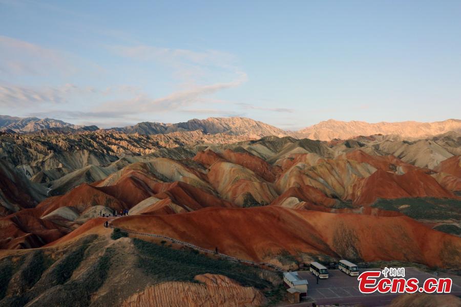 The colorful Danxia landform group, located in Zhangye City, Northwest China’s Gansu Province. At an average elevation of 1850 meters, the Danxia landform stretches east to west for 45 kilometers and north to south for 10 kilometers. More than a famous tourist attraction, the Danxia landform has been featured in a number of movies. (Photo: China News Service/Ren Haixia)