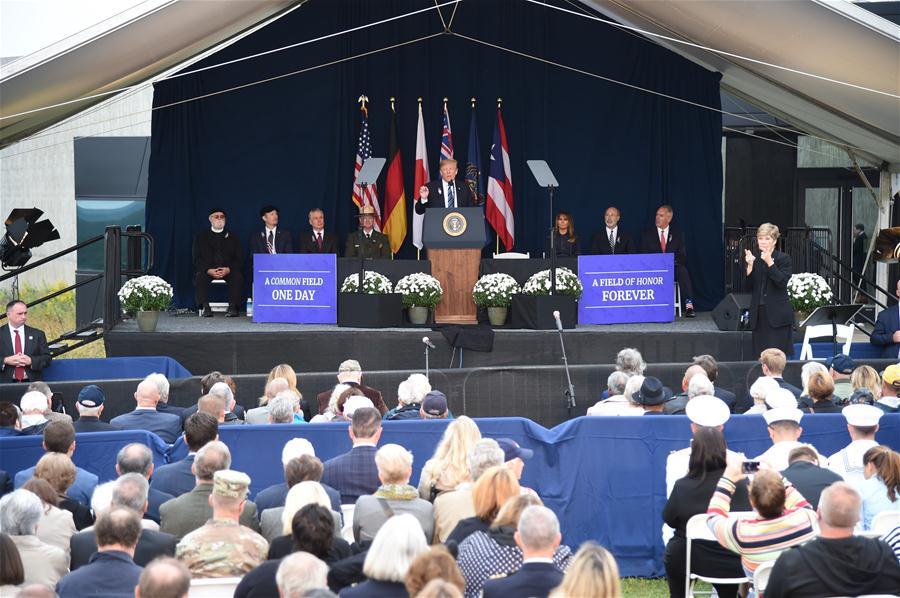 U.S. President Donald Trump speaks during a ceremony held at the Flight 93 National Memorial, marking the 17th anniversary of the Sept. 11 attacks, in Shanksville, Pennsylvania, the United States, Sept. 11, 2018. (Photo/Xinhua)