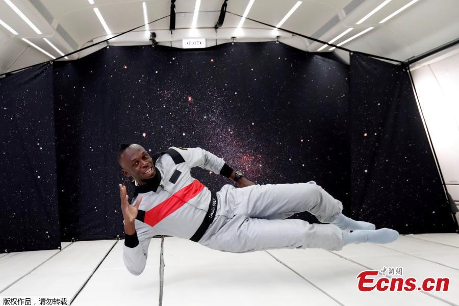 Sprinter Usain Bolt poses as he enjoys zero gravity conditions during a flight in a specially modified plane above Reims, France, Sept. 12, 2018. (Photo/Agencies)