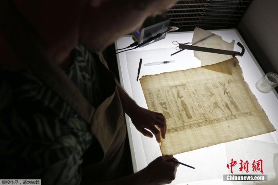 Italian conservator-restorer Simone Martini works on the restauration of the Thesaurus Hyeroglyphicorum book at the Ajaccio library on the French Mediterranean Island of Corsica, Sept. 7, 2018. (Photo/Agencies)