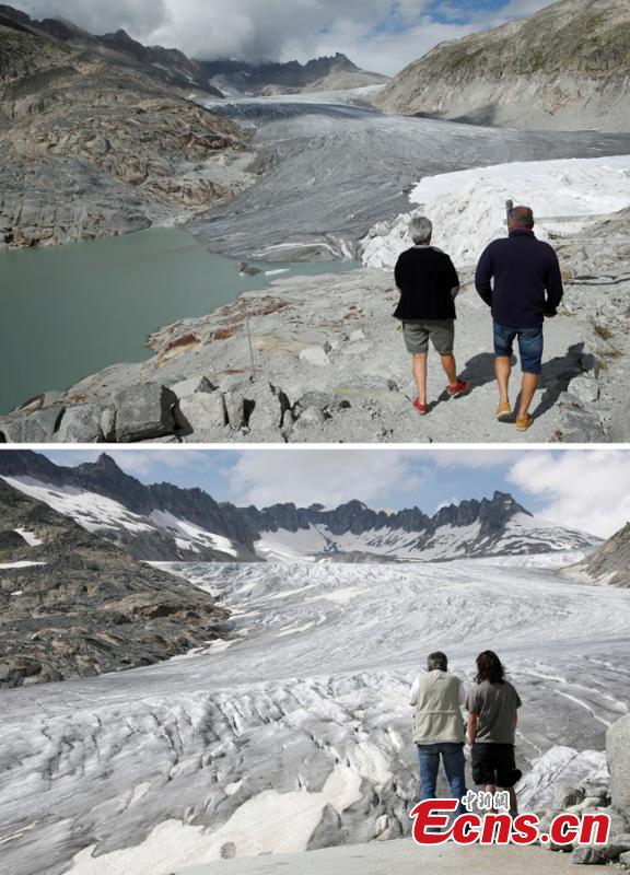 A combination of two pictures shows the difference in the amount of ice on the Rhone glacier at the Furkapass, Switzerland September 13, 2018 (top) and July 5, 2008 (below). Glaciers and their streams were once abundant, but are vanishing as a result of climate change. Glaciologists predict that half of the small glaciers in Switzerland will disappear within the next 25 years. (Photo/Agencies)