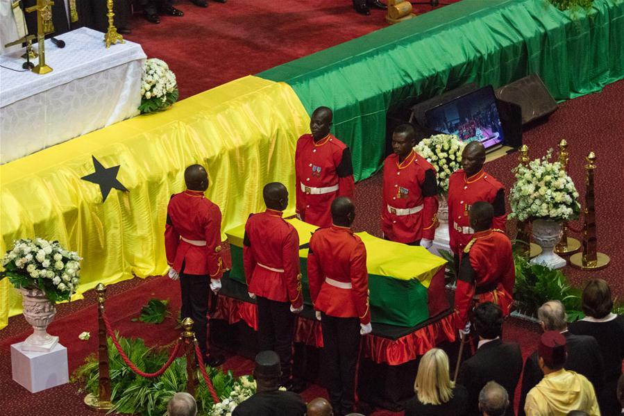 Soldiers escort the casket of former UN Secretary-General Kofi Annan during Annan\'s state funeral in Accra, Ghana, on Sept. 13, 2018. A number of African and world leaders joined Ghanaian President Nana Akufo-Addo here on Thursday to bid farewell to former United Nations Secretary-General Kofi Annan, who passed away in Switzerland on Aug. 18. (Xinhua/Fred Bonsu)