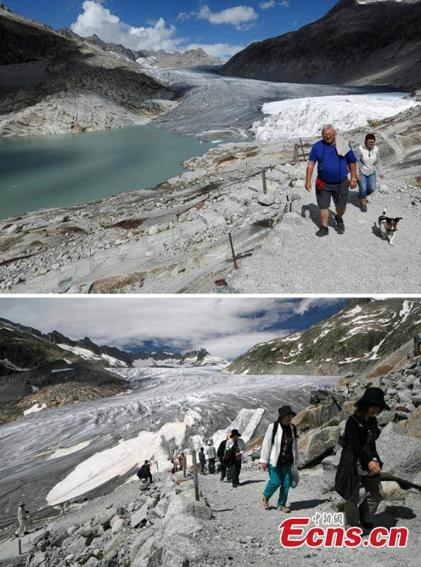 A combination of two pictures shows the difference in the amount of ice on the Rhone glacier at the Furkapass, Switzerland September 13, 2018 (top) and July 5, 2008 (below).Glaciers and their streams were once abundant, but are vanishing as a result of climate change. Glaciologists predict that half of the small glaciers in Switzerland will disappear within the next 25 years. (Photo/Agencies)