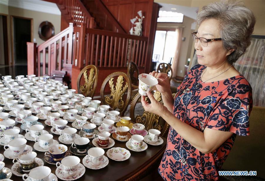 Teacup collector June Gao displays part of her teacup collections inside her house in Vancouver, Canada, Sept. 13, 2018. (Xinhua/Liang Sen)