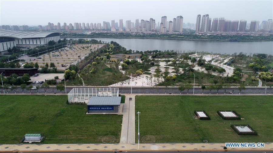 Aerial photo taken on Sept. 13, 2018 shows the scenery near the Meijiang Convention and Exhibition Center in Tianjin, north China. The 12th Summer Davos Forum will open on Sept. 18 in Tianjin. (Xinhua/Li Ran)