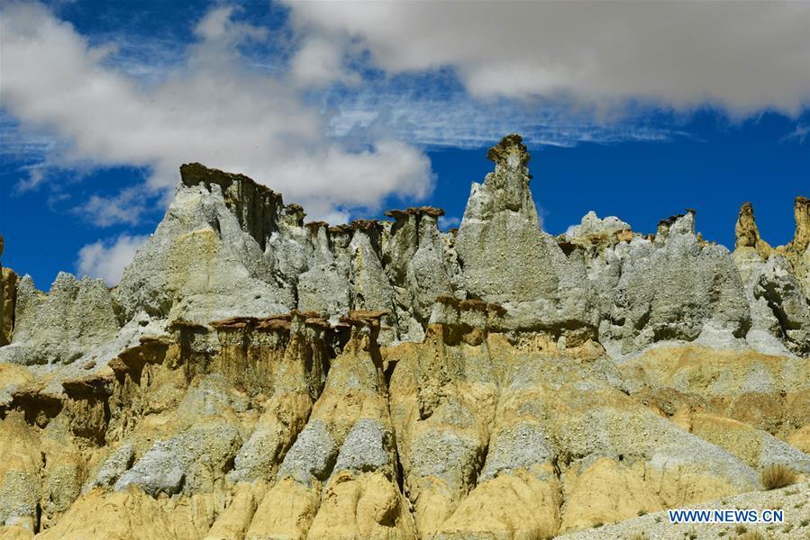 Photo taken on Sept. 11, 2018 shows the scenery of Xiayigou Earth Forest in Zanda County of Ali, southwest China\'s Tibet Autonomous Region. Settled along the Xiangquan River in the county, the well-preserved Earth Forest appears colorful especially under direct sunlight due to the ore contained. (Xinhua/Purbu Zhaxi)