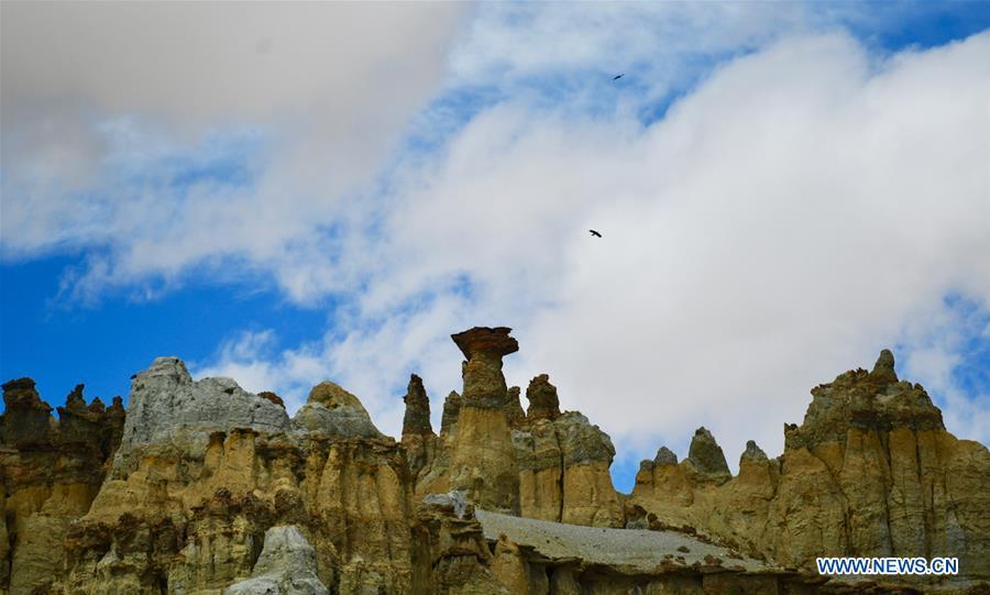 Photo taken on Sept. 11, 2018 shows the scenery of Xiayigou Earth Forest in Zanda County of Ali, southwest China\'s Tibet Autonomous Region. Settled along the Xiangquan River in the county, the well-preserved Earth Forest appears colorful especially under direct sunlight due to the ore contained. (Xinhua/Purbu Zhaxi)