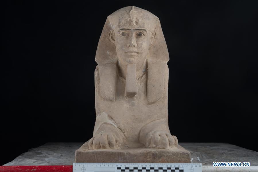 This undated photo shows a statue of sphinx which was found in the Temple of Kom Ombo in Aswan, Egypt. Egyptian Ministry of Antiquities says on Sunday an ancient sphinx statue was found in the Temple of Kom Ombo in Aswan, Egypt. (Xinhua)