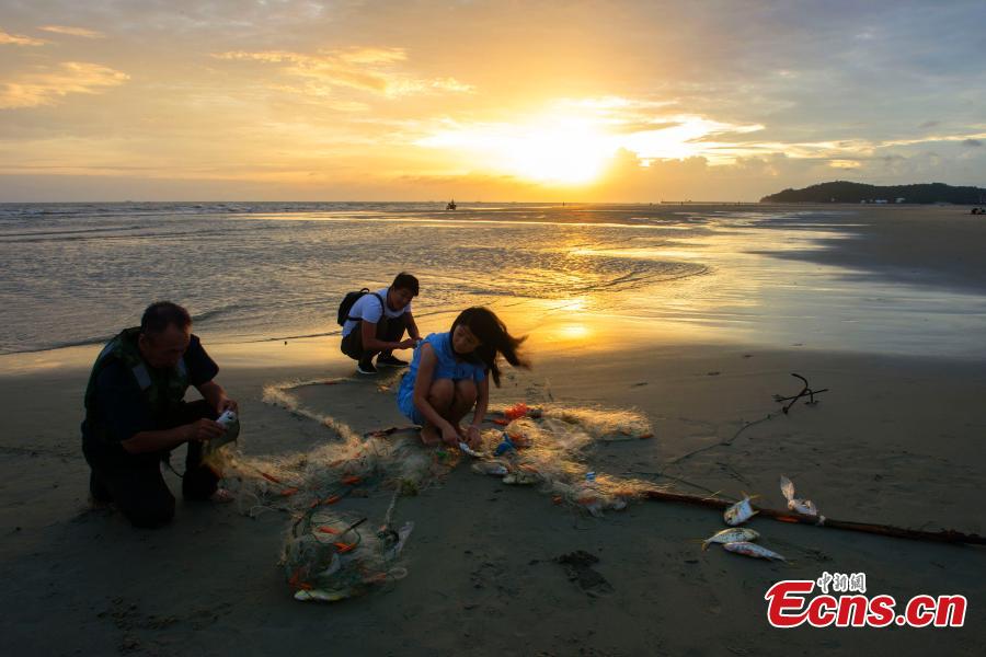Tourists help a fisherman on a beach at sunset in Beihai City, South China’s Guangxi Zhuang Autonomous Region, Sept. 18, 2018. (Photo: China News Service/Xu Shaorong)
