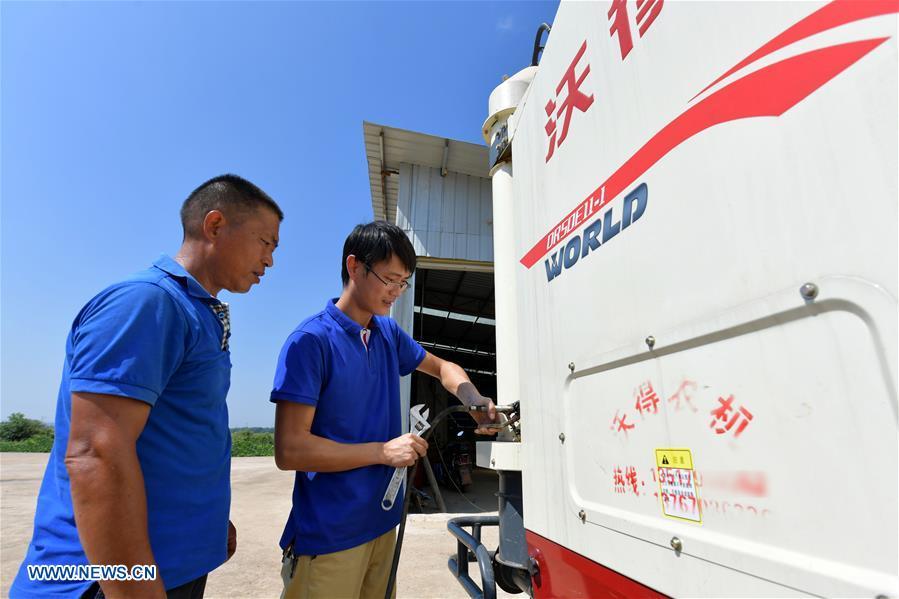 Zhou Xiaolin (L) and Zhou Biao check their combine harvester before work in Liutian Village of Xinjian District in Nanchang, east China\'s Jiangxi Province, Sept. 20, 2018. When every harvest season for middle-season rice begins in September, Zhou Xiaolin, a rice grower, and his son Zhou Biao will always offer help to other farmers with the harvest, because few families nearby own multiple farm machineries that suffice the workload. Born in Liutian Village, Zhou Xiaolin used to be a carpenter away from home. In 2005, he returned home to take on rice growing. Two years later, Zhou Xiaolin and Zhou Biao expanded the scale of their rice growing by contracting to take over the village\'s uncultivated croplands. To meet the increasing production demand, Zhou bought the first farm machine in the village. Currently, Zhou Xiaolin and Zhou Biao have nearly 50 hectares of farmland under cultivation in the village. Altogether they own two combine harvesters, two rice transplanters and a tractor, which have made production even more efficient. An increasing number of rice growers nearby have started to use Zhou Xiaolin\'s machines and services for a reasonable price. \