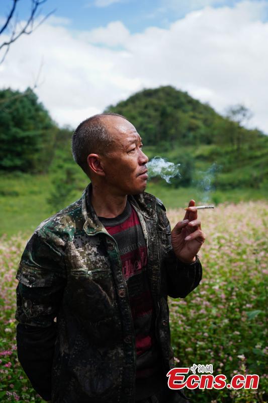 Liu Minghe, 48, smokes as he cuts open a tree to take sap, which is used to make a durable coating called lacquer, in Dafang County, Southwest China’s Guizhou Province, Sept. 22, 2018. Liu said he earns about 30,000 yuan ($4,370) from April to September from the traditional craft. (Photo: China News Service/He Junyi)