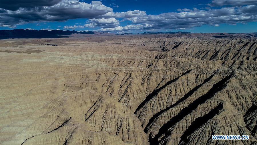 Aerial photo taken on Sept. 10, 2018 shows the scenery of earth forest in Ngari, southwest China\'s Tibet Autonomous Region. The earth forest is the sediment stratum of rivers and lakes in ancient times, formed by erosion of water. The Ngari area has an average altitude of over 4,000 meters above sea level. (Xinhua/Purbu Zhaxi)