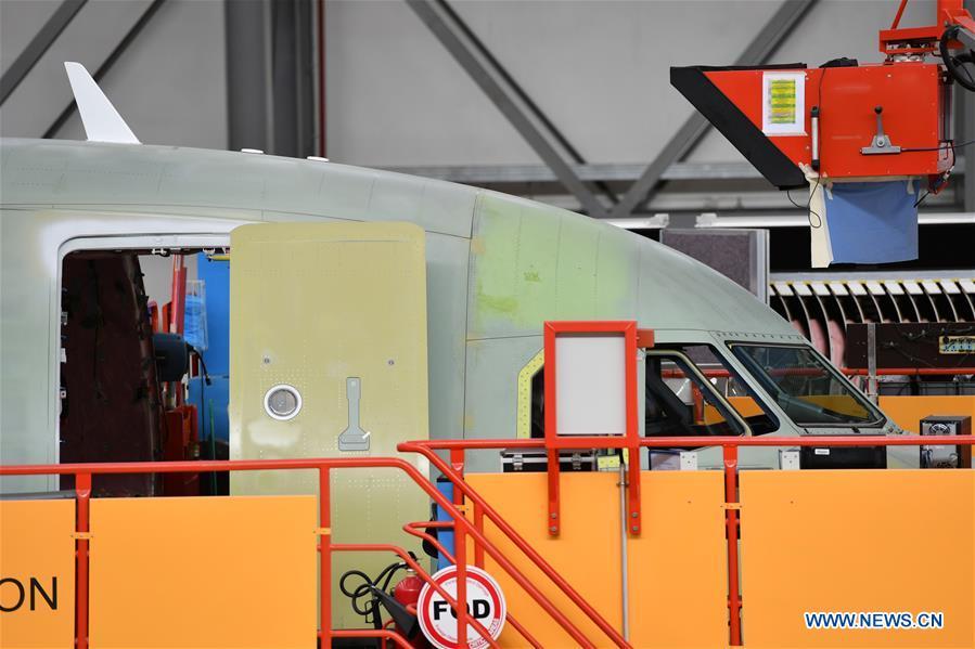 Photo taken on Sept. 27, 2018 shows the plane at Airbus\' Tianjin final assembly line for the A320-family of jets in north China\'s Tianjin. From the time it was established in 2008 until the end of this August, the Tianjin final assembly line assembled and delivered a total of 378 A320s. (Xinhua/Li Ran)