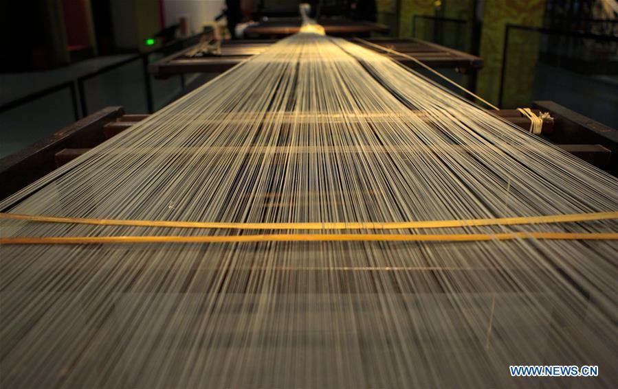 Photo taken on Sept. 26, 2018 shows silk thread exhibited at the Nanjing Yunjin Museum in Nanjing, capital of east China\'s Jiangsu Province. Yunjin, also called Yun brocade, is traditional Chinese silk brocade made in Nanjing of Jiangsu. Dated from the Eastern Jin Dynasty, it has formed its own characteristics through its development of 1,600 years. Yun brocade is famous for its exquisite craft, elegant patterns and smooth texture, and the making of the artwork requires close cooperation of two weavers, who can produce only five centimeters a day. In 2009, Yun brocade was inscribed on the Representative List of the Intangible Cultural Heritage of Humanity. (Xinhua/Sui Xiankai)