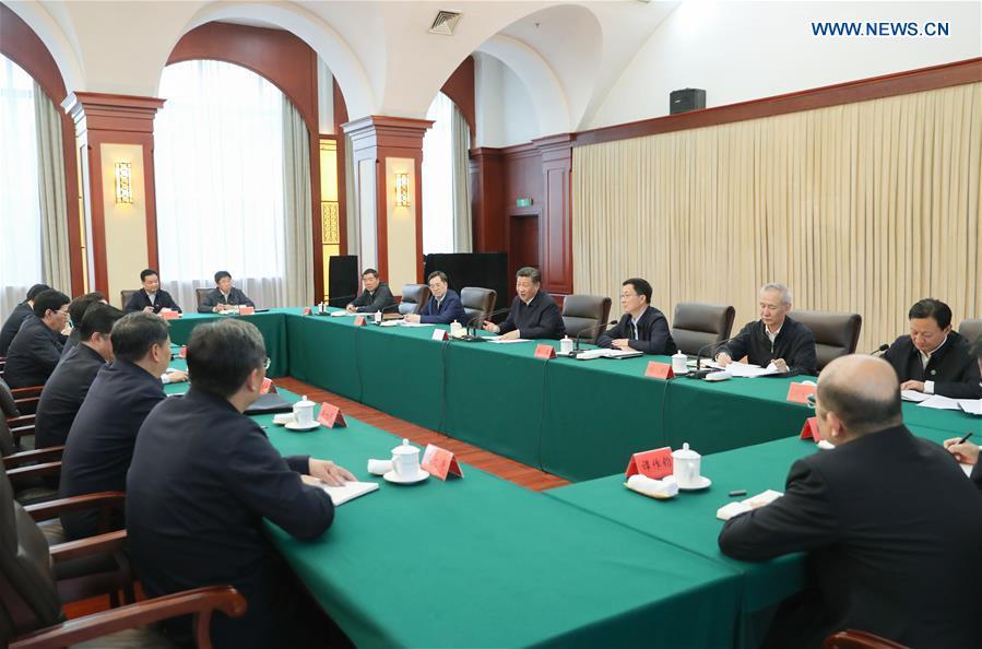 Chinese President Xi Jinping, also general secretary of the Communist Party of China (CPC) Central Committee and chairman of the Central Military Commission, presides over a symposium on advancing revitalization of northeast China in Shenyang, northeast China\'s Liaoning Province, Sept. 28, 2018. Xi has stressed the revitalization of China\'s northeast region with fresh efforts during a research trip from Sept. 25 to 28 to the provinces of Heilongjiang, Jilin and Liaoning. (Xinhua/Ju Peng)