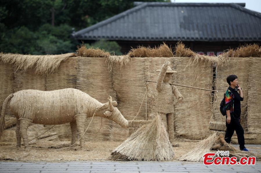 A straw labyrinth at Chunqiu Yancheng, the remains of an ancient city from the Spring and Autumn period (770?476 bc) in Changzhou City, East China’s Jiangsu Province, Sept. 28, 2018. Performers in traditional costumes showed ancient agricultural practices and entertained visitors in the maze built with straw bales. (Photo: China News Service/Yang Bo)