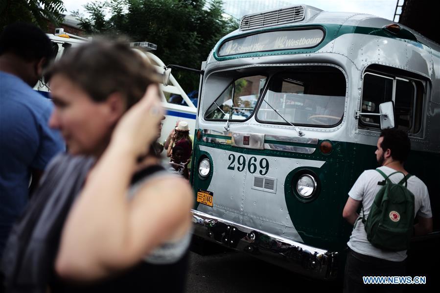 A vintage bus is seen during the 25th Annual Bus Festival in New York, the United States, on Oct. 7, 2018. The New York Transit Museum held its 25th annual bus festival on Sunday. The buses on display represent about 80 years of surface transit history in New York City. The oldest bus at the festival, Bus 1263, is a double-decker bus that was purchased by the Fifth Avenue Bus Company in 1930. (Xinhua/Li Muzi)