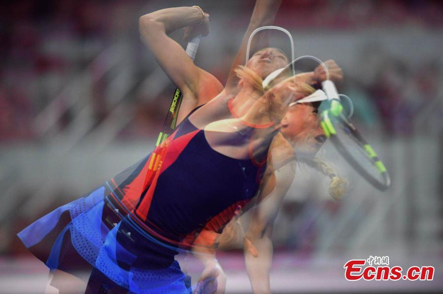 Caroline Wozniacki of Denmark in action against Anastasija Sevastova of Latvia at the final of women’s singles during the China Open in National Tennis Center, Beijing, China, October 7, 2018. (Photo: China News Service/Li Peirun)