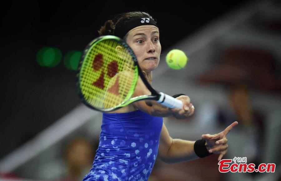 Anastasija Sevastova of Latvia competes against Caroline Wozniacki of Denmark at the final of women’s singles during the China Open in National Tennis Center, Beijing, China, October 7, 2018. (Photo: China News Service/Li Peirun)