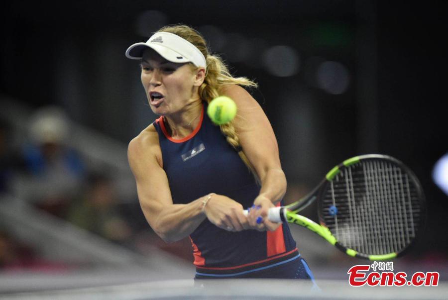 Caroline Wozniacki of Denmark in action against Anastasija Sevastova of Latvia at the final of women’s singles during the China Open in National Tennis Center, Beijing, China, October 7, 2018. (Photo: China News Service/Li Peirun)