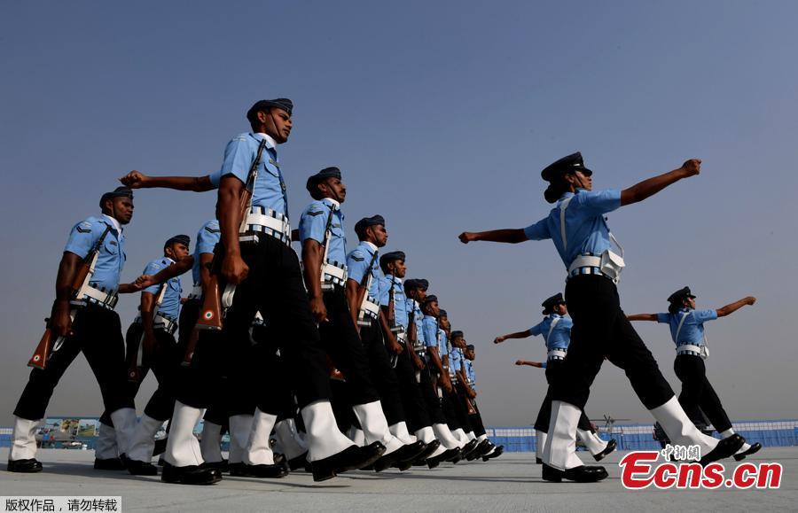 Indian Air Force personnel march during the Air Force Day parade at the Air Force station Hindon in Ghaziabad town on the outskirts of New Delhi on October 8, 2018. Air Force Day is celebrated to mark the day the Indian air force was officially established in 1932. Apart from defending Indian air space, the air force also delivers humanitarian aid and disaster relief material during natural calamities. (Photo/Agencies)
