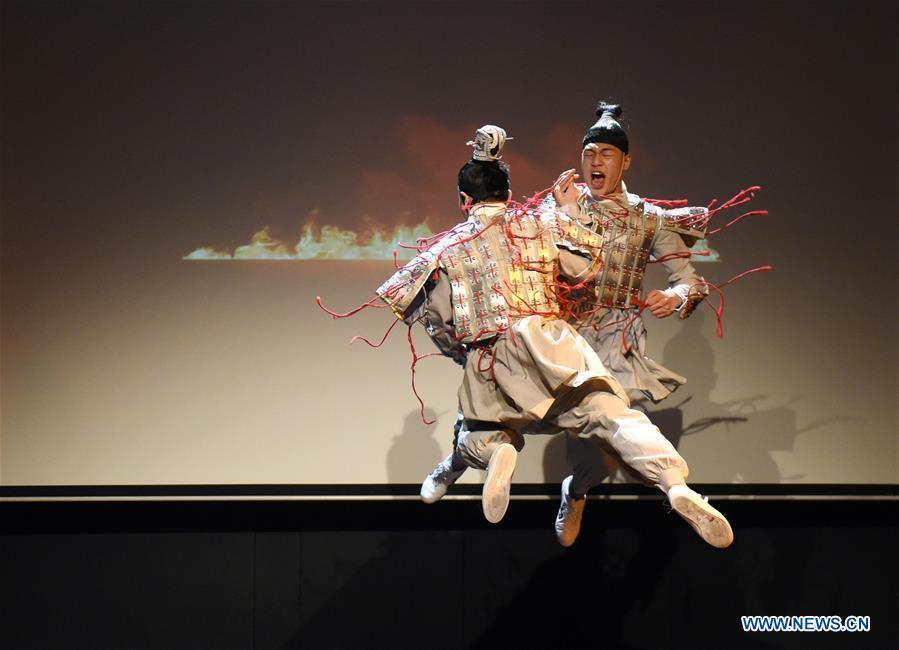 Members of the art troupe of the Beijing-based Capital University of Physical Education and Sports perform in Bogazici University of Istanbul, Turkey, on Oct. 9, 2018. A charm of Chinese Kung Fu tour started on Tuesday evening at Bogazici University in Istanbul, enchanting the audience with a mixture of Chinese martial arts and dances. (Xinhua/He Canling)