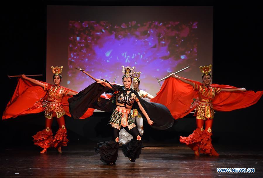 Members of the art troupe of the Beijing-based Capital University of Physical Education and Sports perform in Bogazici University of Istanbul, Turkey, on Oct. 9, 2018. A charm of Chinese Kung Fu tour started on Tuesday evening at Bogazici University in Istanbul, enchanting the audience with a mixture of Chinese martial arts and dances. (Xinhua/He Canling)