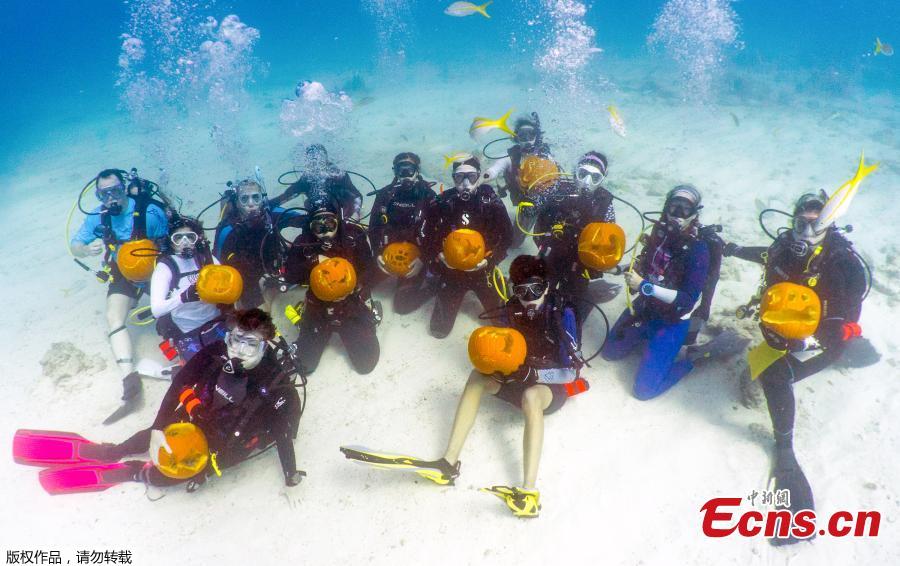 Contestants show their Halloween creations about nine meters beneath the ocean\'s surface in the Underwater Pumpkin Carving Contest, staged by the Amoray Dive Resort off Key Largo, Florida, in the Florida Keys National Marine Sanctuary, Oct. 14, 2018. (Photo/Agencies)