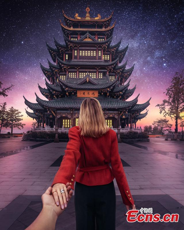 Russian artist Murad Osmann, best known for his ongoing “Follow Me To” series of works featuring his wife Nataly Osmann leading him around the world, has travelled to Southwest China’s Chongqing Municipality, presenting sweet photos with the city’s known landmarks including Hongya Cave, Hong’en Temple and International Finance Square. (Photo provided to China News Service)