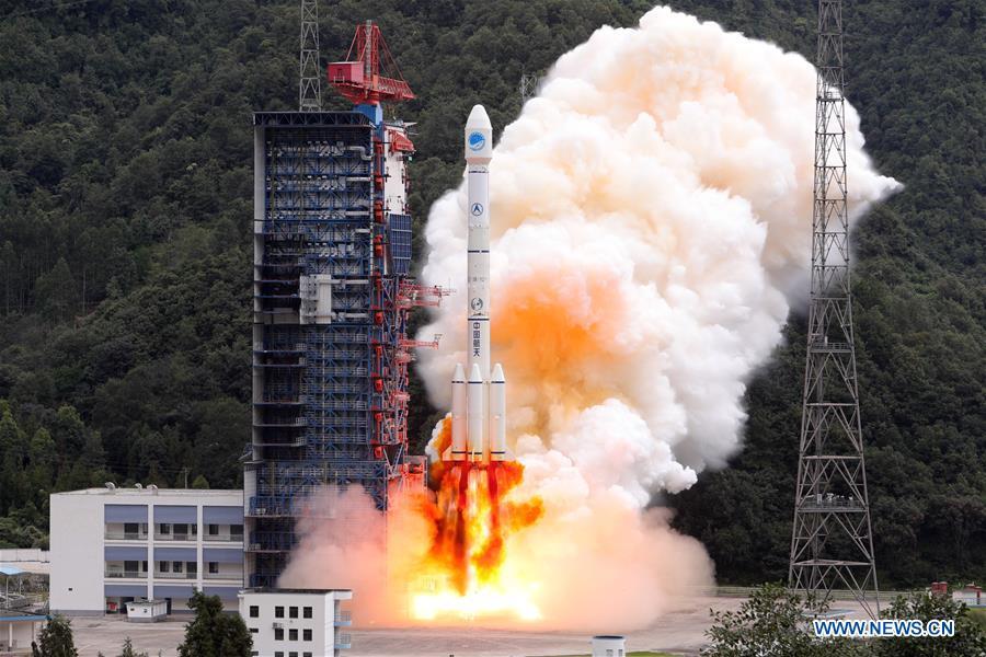 China sends twin BeiDou-3 navigation satellites into space on a Long March-3B carrier rocket from Xichang Satellite Launch Center in Xichang, southwest China\'s Sichuan Province, Oct. 15, 2018. The satellites are the 39th and 40th of the BeiDou navigation system, and the 15th and 16th of the BeiDou-3 family. The launch was the 287th mission of the Long March carrier rocket series.(Xinhua/Liang Keyan)