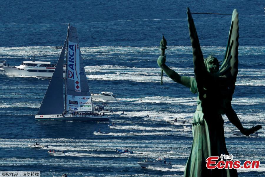 Spirit of Portopiccolo sailing boat leads during the Barcolana regatta in front of the Trieste harbour, Italy, Oct. 14, 2018. The annual Barcolana regatta, one of the largest sailing races in the world, takes place on the second Sunday in October and began in 1969. (Photo/Agencies)