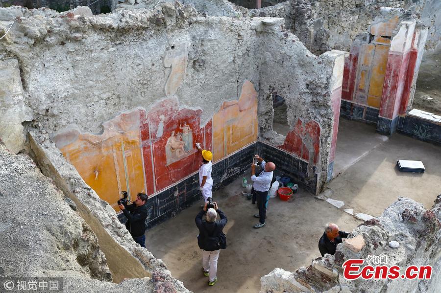 A top view of the House with Garden, a new excavation in the Regio V of the Pompeii excavations in Italy, Oct. 16, 2018. (Photo/VCG)