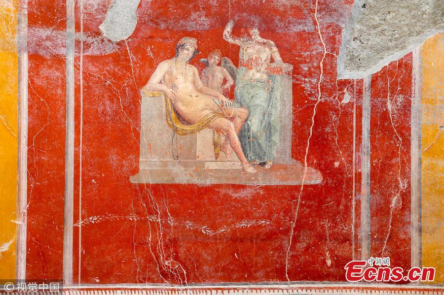 Fresco in the House with Garden, a new excavation in the Regio V of the Pompeii excavations in Italy, Oct. 16, 2018. (Photo/VCG)