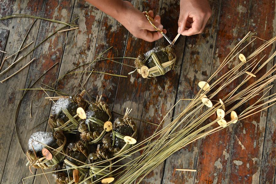 A crab breeder packs harvested crabs in an aquatic farm in east China\'s Zhejiang Province, Oct. 17, 2018. Local farmers were busy with their work in harvest season of the Taihu Lake crab. (Xinhua/Weng Xinyang)